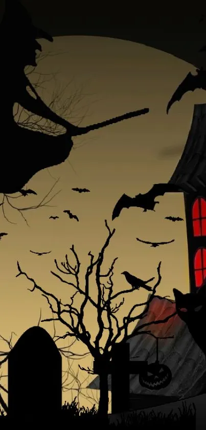 Spooky Halloween night wallpaper with witch, haunted house, and full moon.