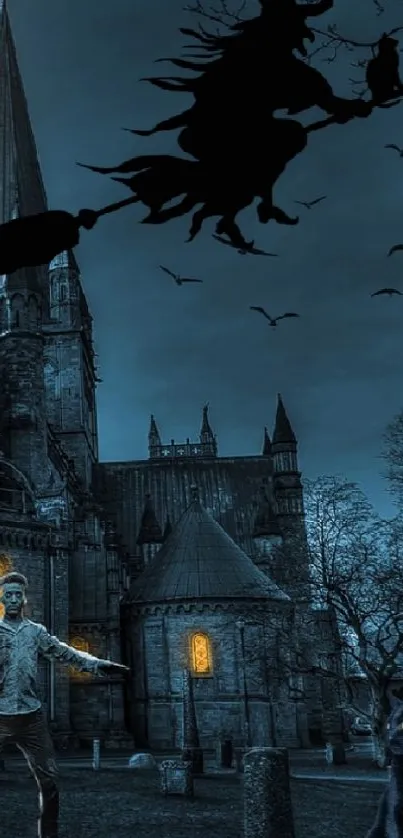 Spooky Halloween night with witch and gothic castle under a full moon.