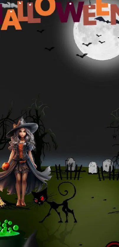 Halloween night wallpaper with witch under moonlight.