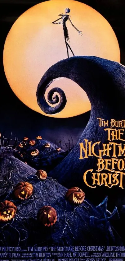 Jack Skellington on a hill under a full moon with pumpkins around.