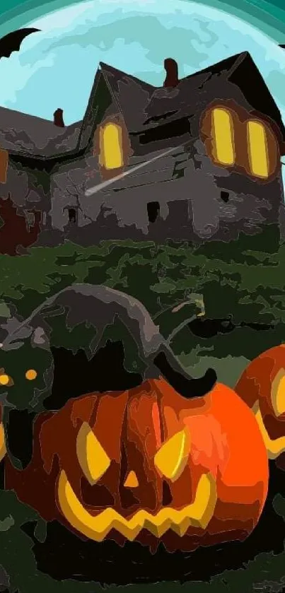 Haunted Halloween scene with pumpkins and a black cat under a full moon.