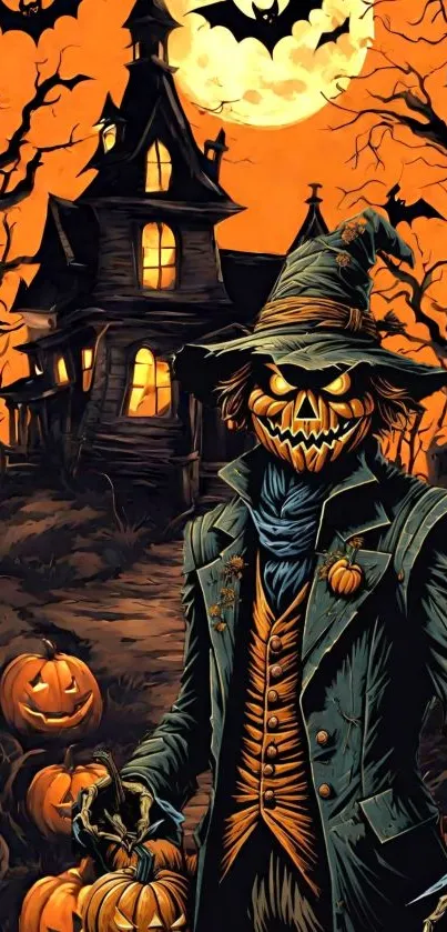 Spooky pumpkin-headed scarecrow at night with haunted house.