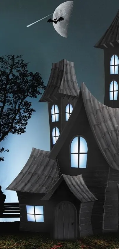 Spooky Halloween wallpaper with haunted house and glowing moonlight.