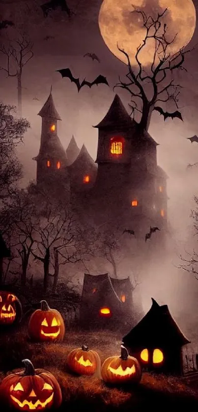 Spooky Halloween scene with eerie pumpkins and haunted castle under a full moon.