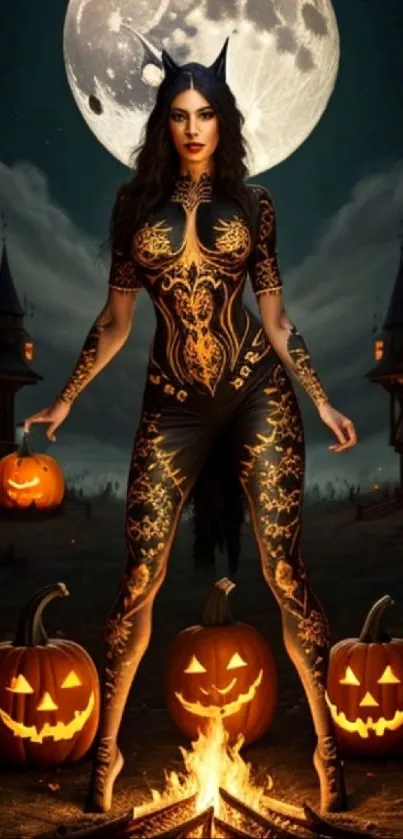 Mystical figure in Halloween setting with pumpkins and full moon.