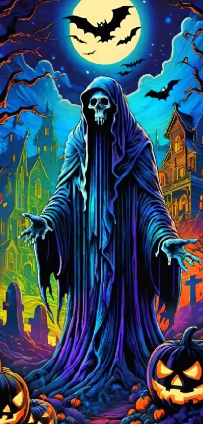 Ghostly figure in a spooky Halloween graveyard with pumpkins and bats.