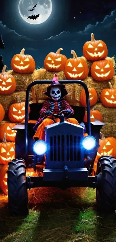 Halloween tractor with jack-o'-lanterns under a full moon.