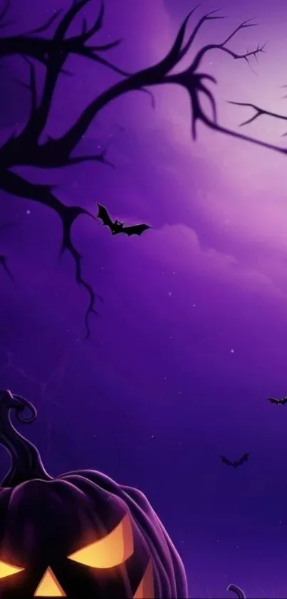 Halloween wallpaper with a purple sky, bats, and glowing pumpkin.