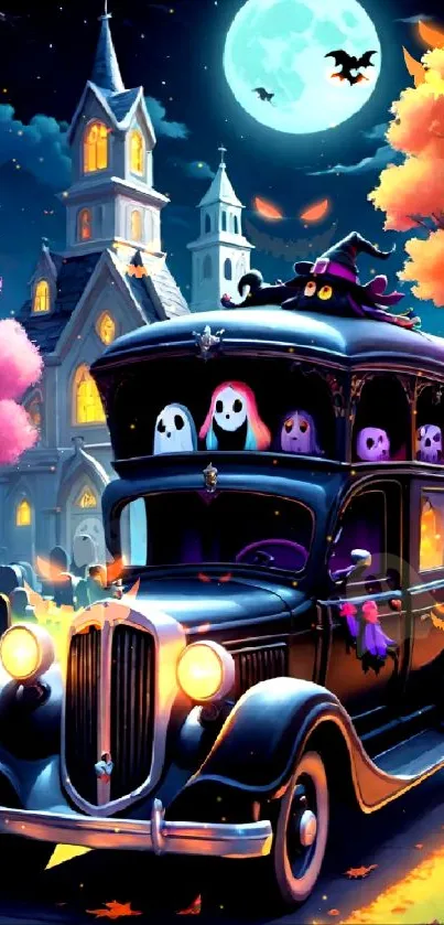 Spooky vintage car with ghosts in a Halloween night scene.