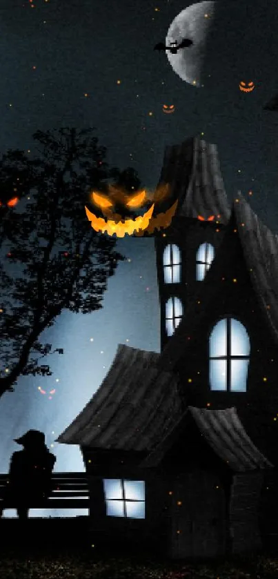 Spooky Halloween night with haunted house and glowing pumpkins under moonlit sky.