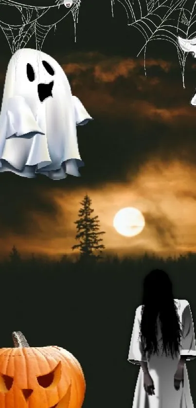 Spooky ghost and pumpkin Halloween night scene with full moon.