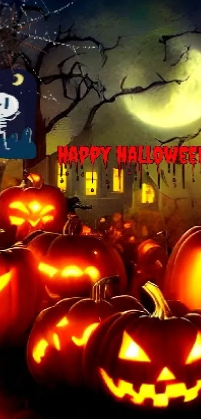 Spooky Halloween scene with jack-o'-lanterns under a glowing moonlit sky.
