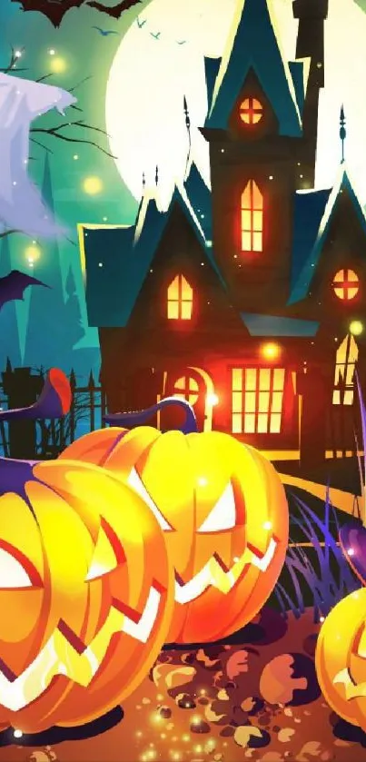 Halloween scene with pumpkins, ghosts, bats, and haunted house.