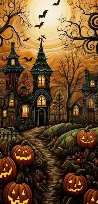 Spooky Halloween scene with pumpkins and haunted houses.