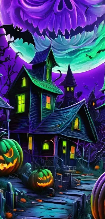 Spooky Halloween scene with glowing pumpkins and haunted houses under a mystical moon.
