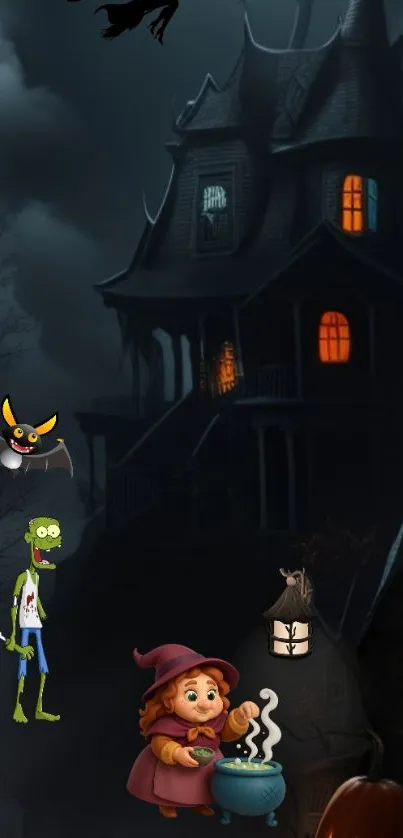 Spooky haunted house with a cartoon witch and zombie on a Halloween night.