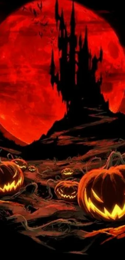 Spooky Halloween scene with pumpkins and castle under a blood-red moon.