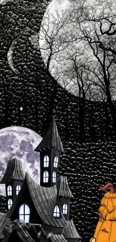 Spooky Halloween wallpaper with haunted house and moon.