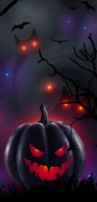 Spooky Halloween wallpaper with glowing pumpkin and eerie night scene.