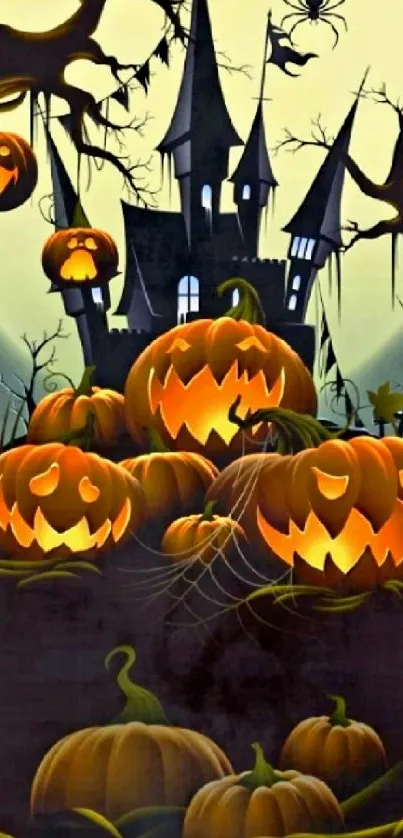 Spooky Halloween night wallpaper with pumpkins and haunted house.