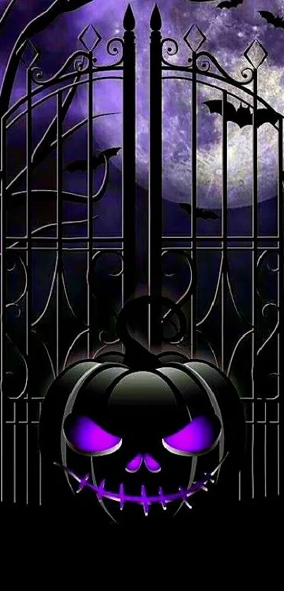 Spooky Halloween wallpaper with pumpkin, bats, and full moon at night.