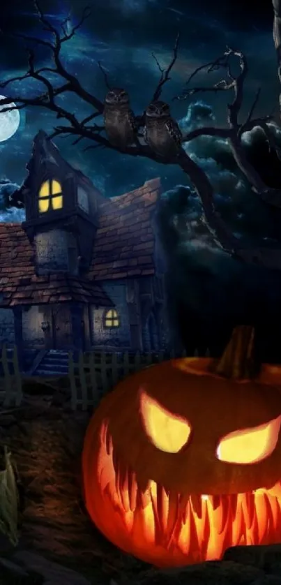 Spooky Halloween wallpaper with Jack-o'-lantern, haunted house, and full moon.