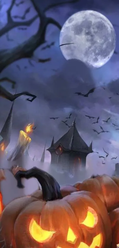 Halloween wallpaper with pumpkins, bats, and full moon.