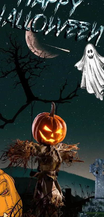 Halloween wallpaper with moon, pumpkin, and ghost.