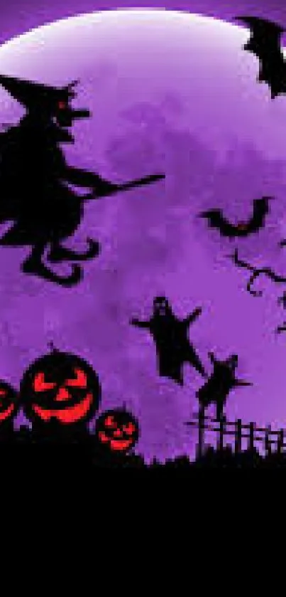 Spooky Halloween scene with a witch and pumpkins under a full moon.