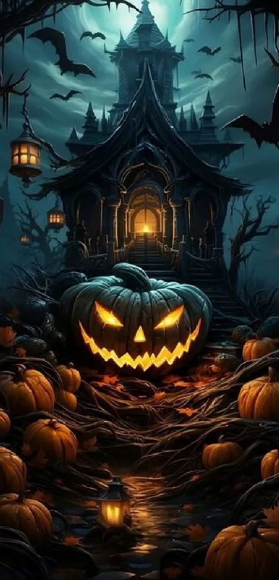 Eerie Halloween night with pumpkins and a haunted house