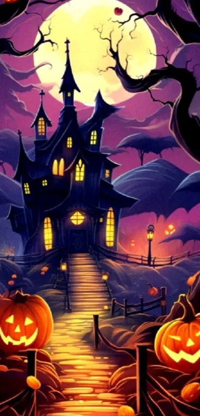 Mobile wallpaper of a spooky haunted house with glowing pumpkins under a full moonscape.