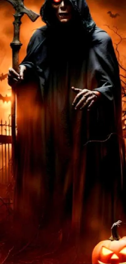 Sinister Halloween figure with pumpkins in dark orange glow.