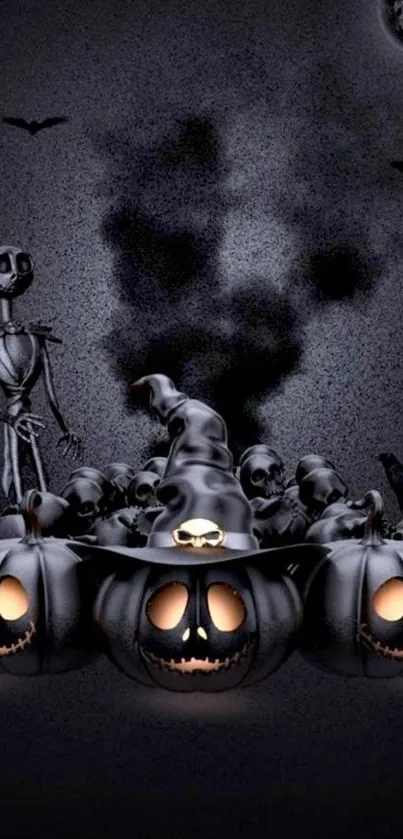 Spooky Halloween night scene with glowing pumpkins and skeleton.