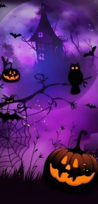 Spooky Halloween wallpaper with purple hues and jack-o'-lanterns.