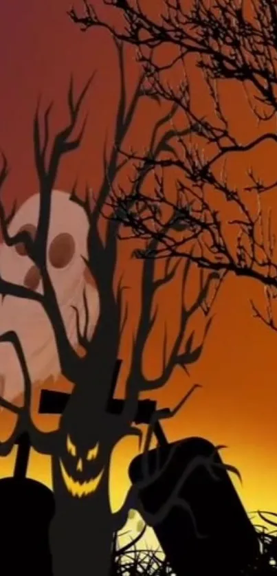 Spooky Halloween wallpaper with a pumpkin tree and ghostly background.