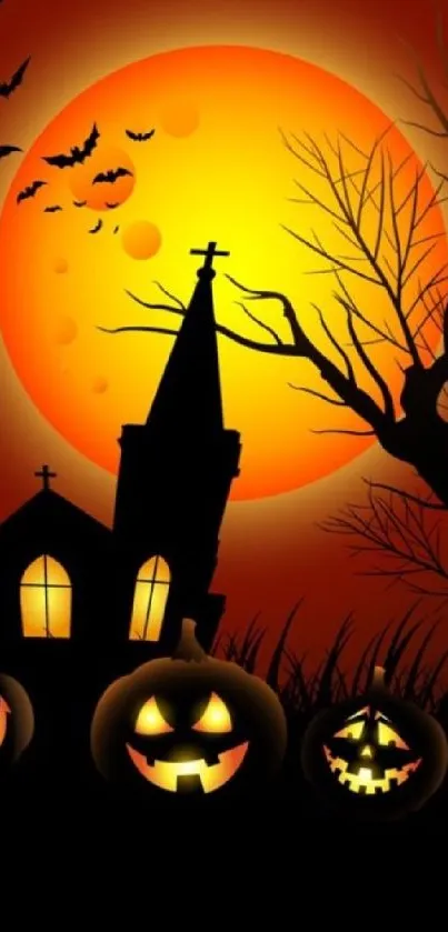 Spooky Halloween wallpaper with pumpkins and full moon.