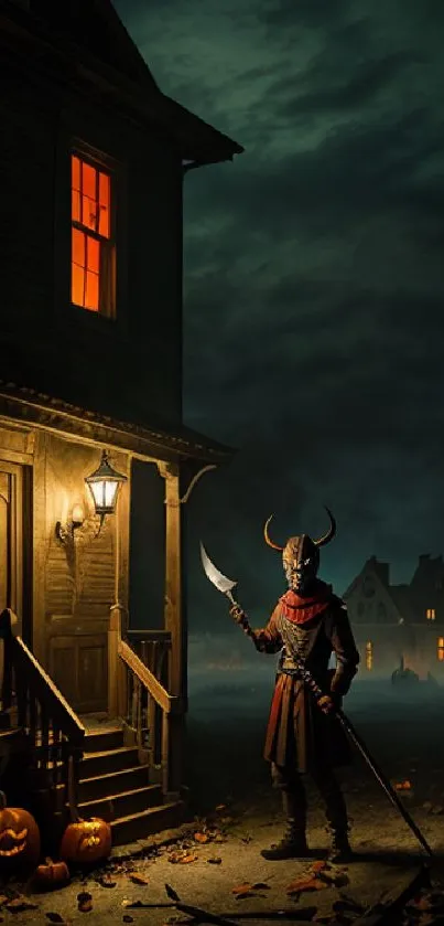 Mysterious figure in a Halloween night scene with glowing pumpkins.