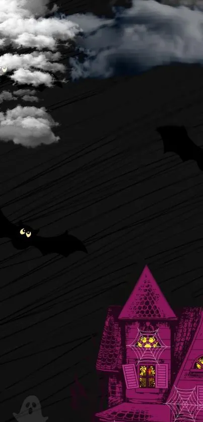 Spooky Halloween night wallpaper with haunted house and bats.