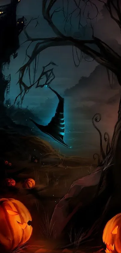 Spooky Halloween night with pumpkins and haunted house.