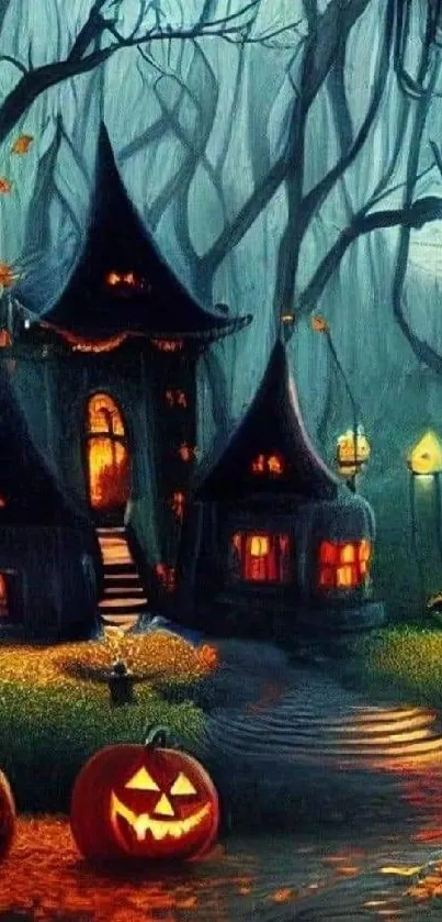 Spooky forest house with glowing pumpkins and autumn leaves in Halloween night.