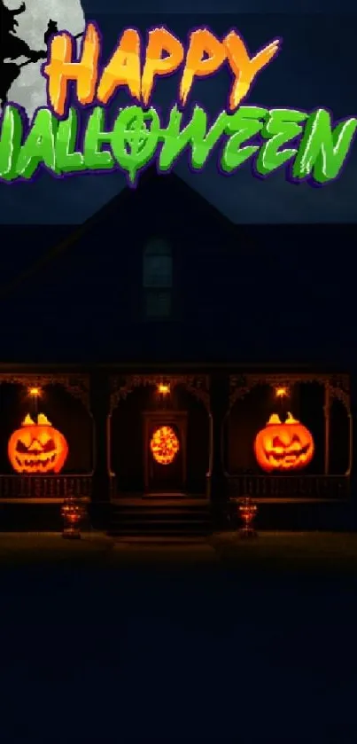 Spooky Halloween wallpaper with pumpkin-lit house and witch silhouette.