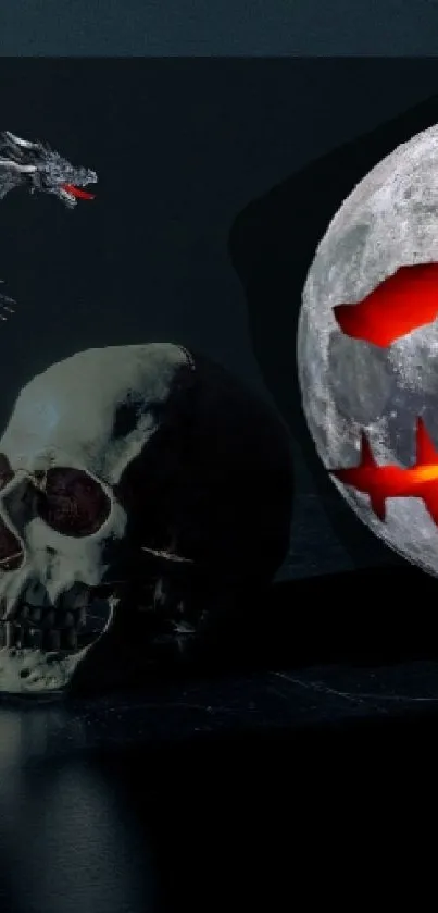 Spooky Halloween scene with dragon, skull, and glowing moon.