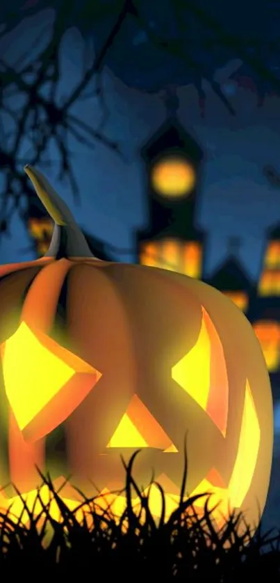 Spooky Halloween wallpaper with glowing pumpkin and haunted house.