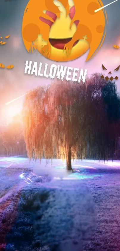 Spooky Halloween tree under vibrant sky.