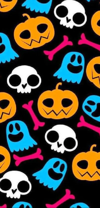 Colorful Halloween pattern with pumpkins, skulls, and ghosts on black.