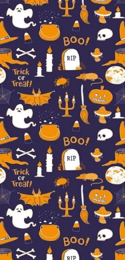 Halloween-themed wallpaper with spooky patterns in dark purple, orange, and white.