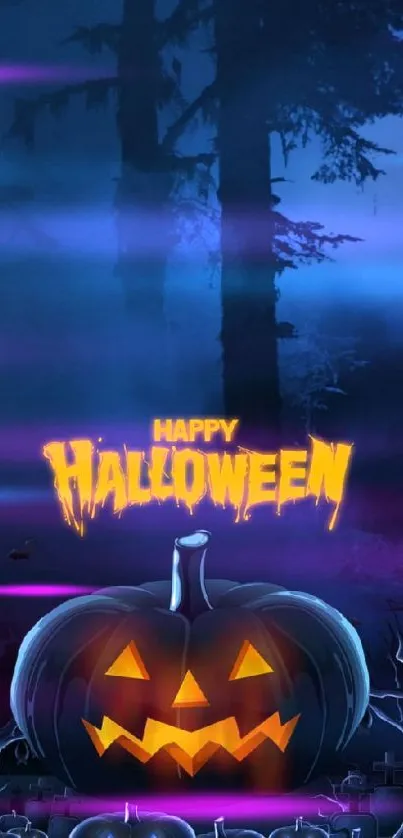 Glowing Halloween pumpkin in spooky forest wallpaper.