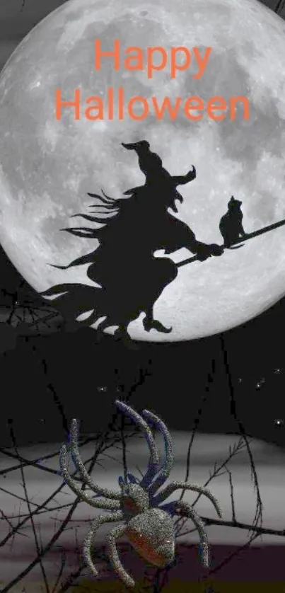 Halloween wallpaper with witch, moon, and spider for a spooky phone background.