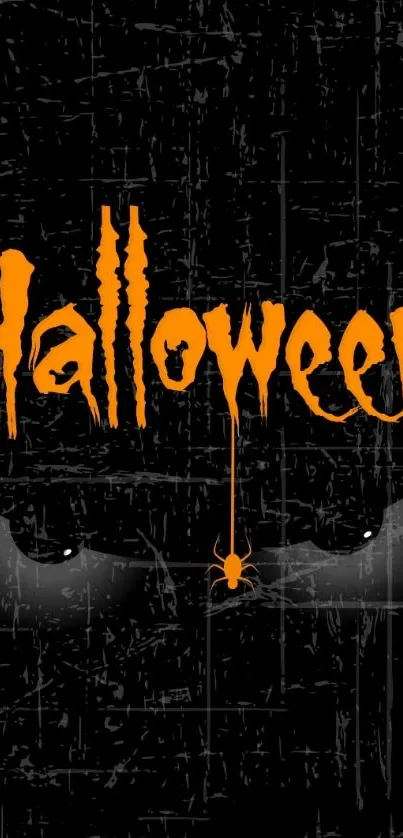 Halloween wallpaper with orange text and dark eyes.