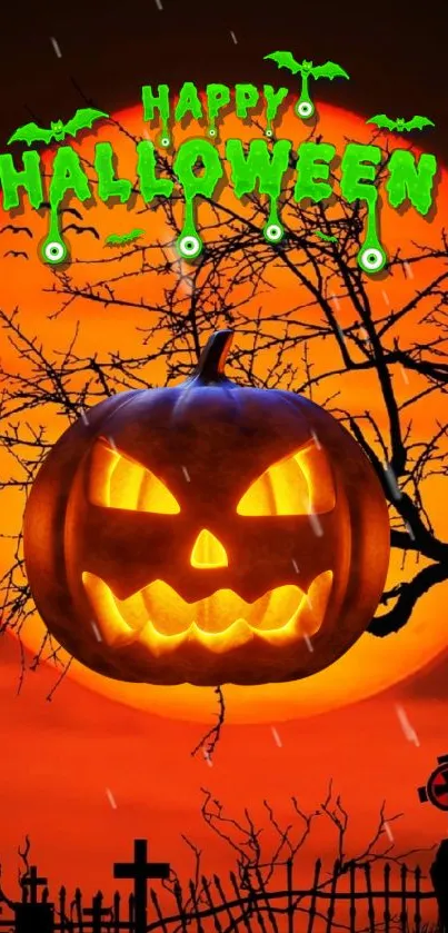 Halloween wallpaper with jack-o'-lantern and orange moon.